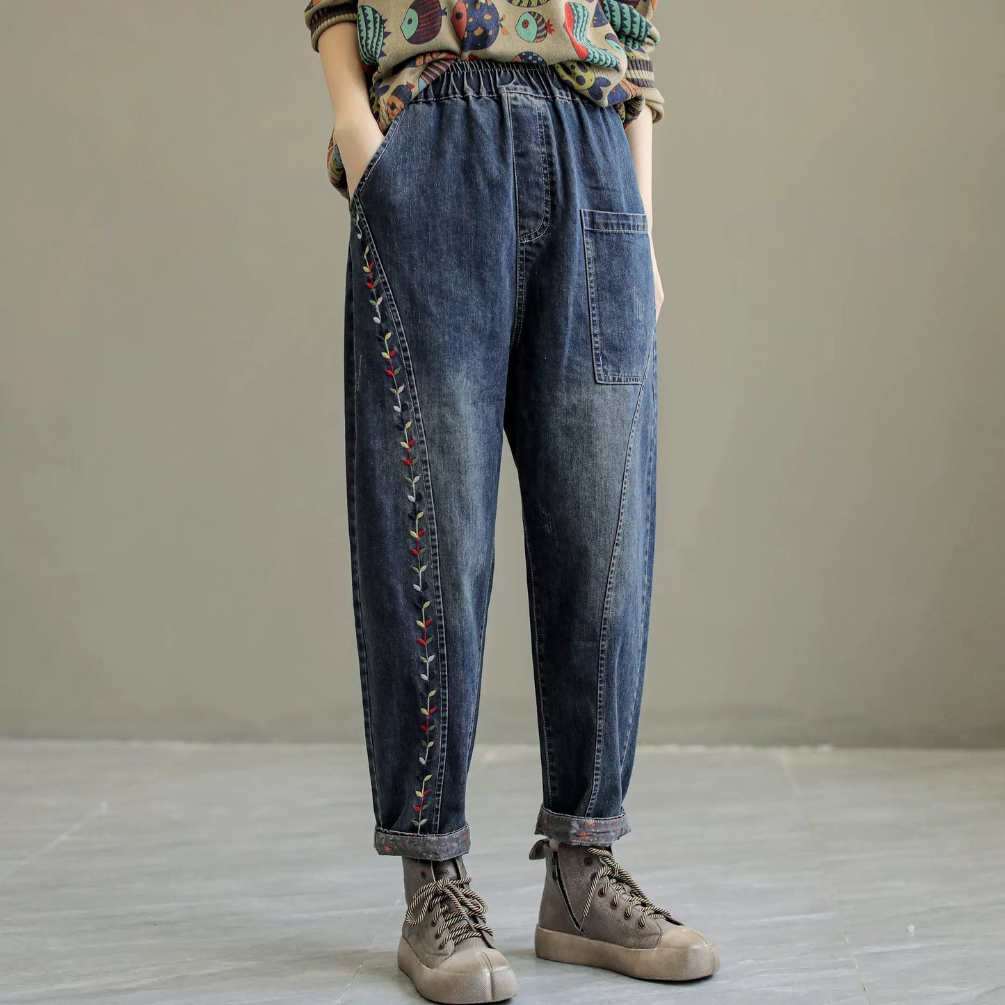Autumn Retro Embroidery Patchwork Denim Jeans