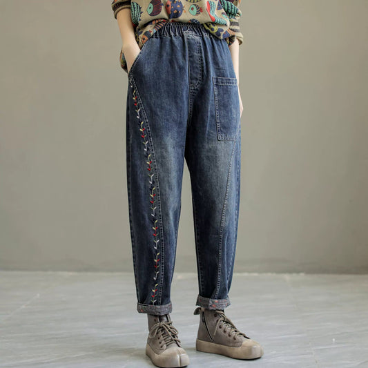 Autumn Retro Embroidery Patchwork Denim Jeans