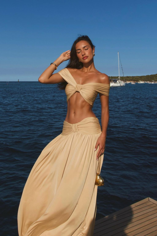 Vacation Style Nude Twist Cutout Halter Maxi Dress Set