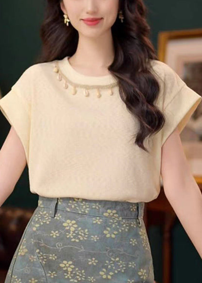 Simple Apricot O Neck Solid Cotton T Shirts Summer