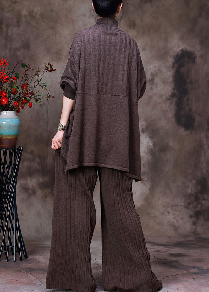 Fashion Dark Coffee Colour Asymmetrical Knit Sweaters And Pants Two Piece Set Fall