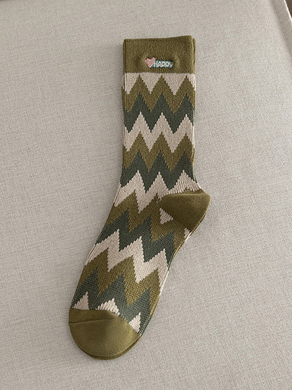 5 Pairs Women Vintage Mid Tube Striped Cotton Socks