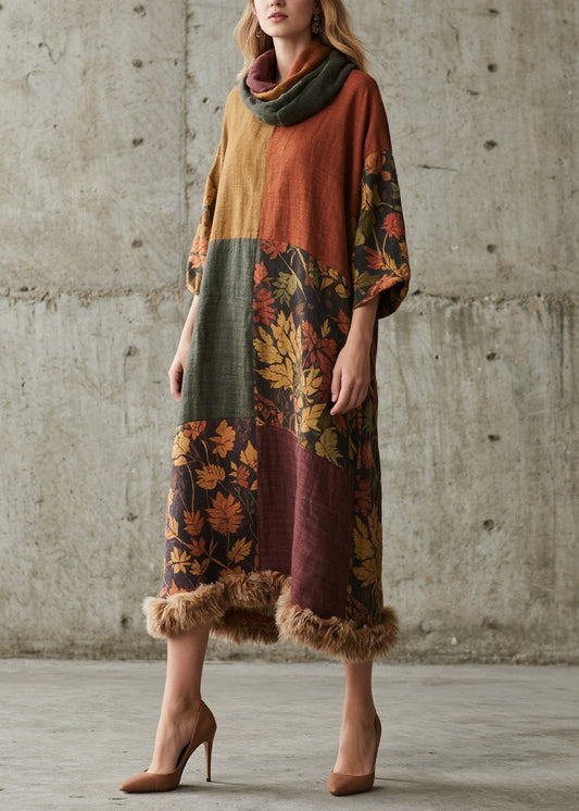 New Colorblock Print Fuzzy Fur Patchwork Cotton Long Dress Fall