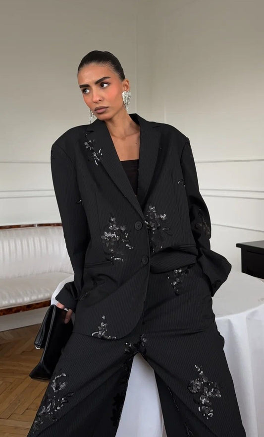 Women's Black Pinstripe Blazer Set with Sequin Embroidery Oversized Pants