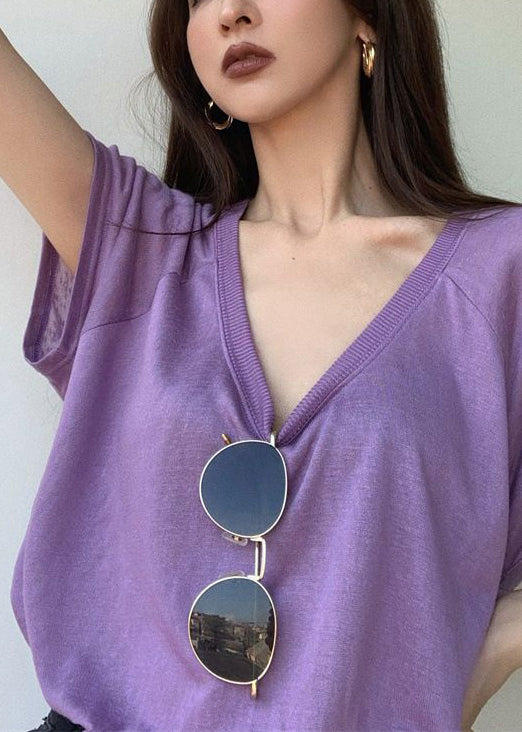 Loose Purple U Neck Solid Cotton T Shirts Summer