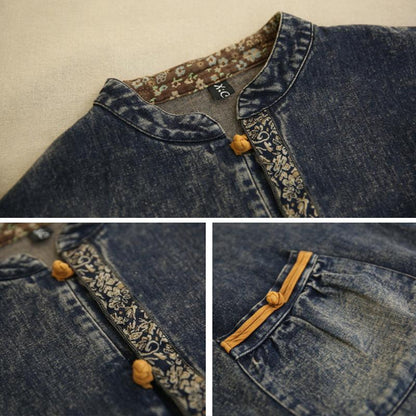 Winter Spring Retro Floral Cotton Denim Coat