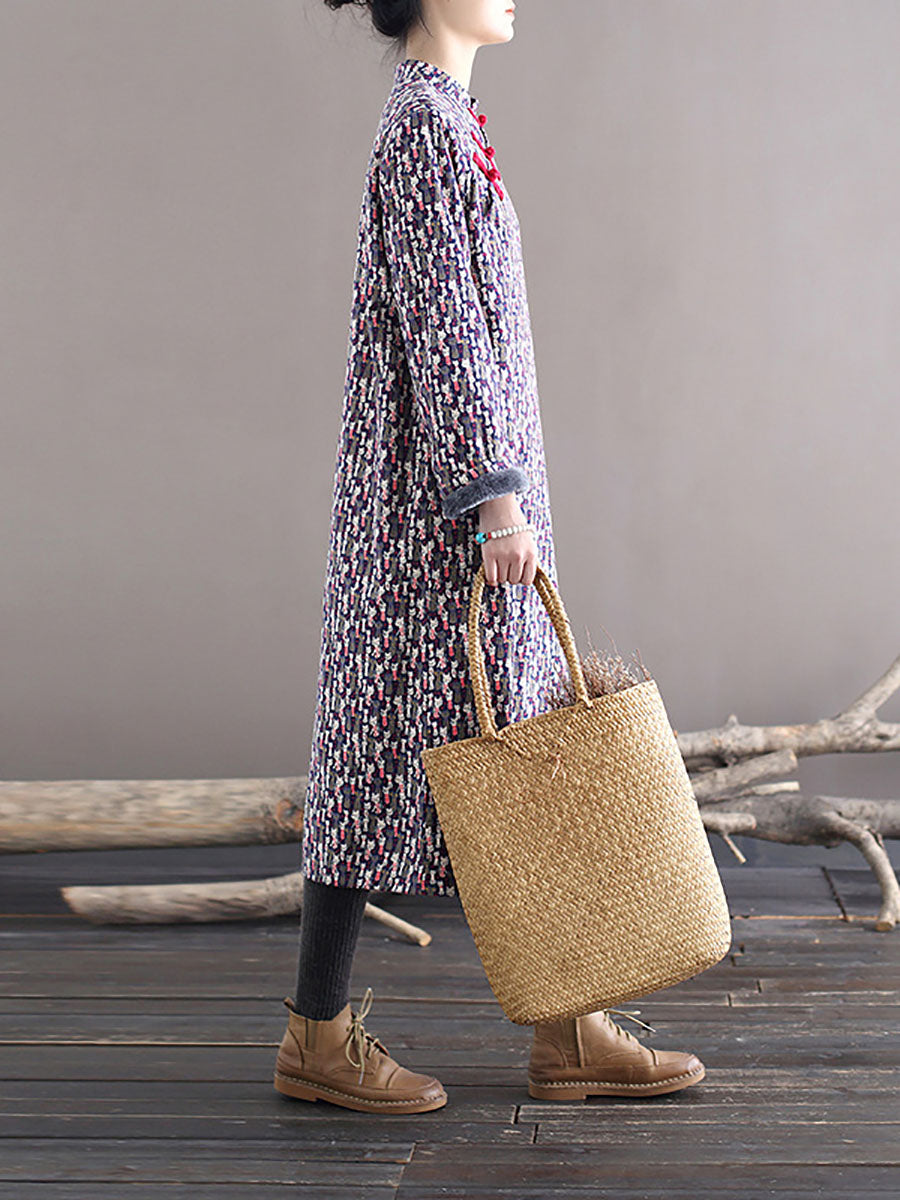 Women Winter Chinese Floral Print Frog Thick Long Dress