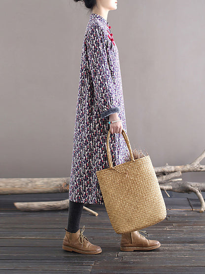 Women Winter Chinese Floral Print Frog Thick Long Dress