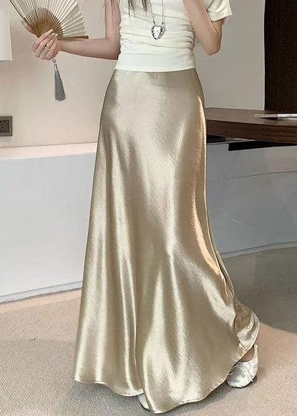 French Champagne Color Solid High Waist Silk Skirt Summer