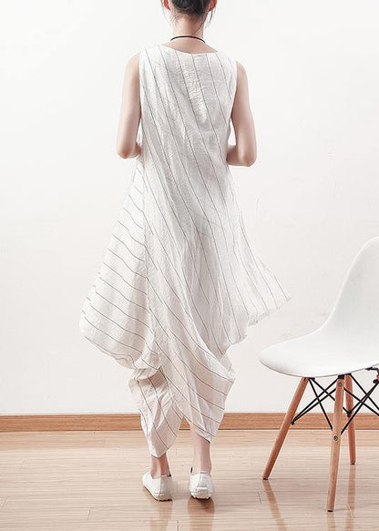 DIY asymmetric linen dresses Work white striped Dress summer
