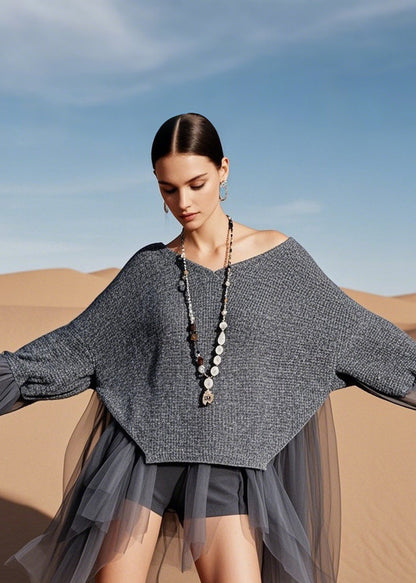 Women Asymmetrical Tulle Patchwork Knit Sweater Summer