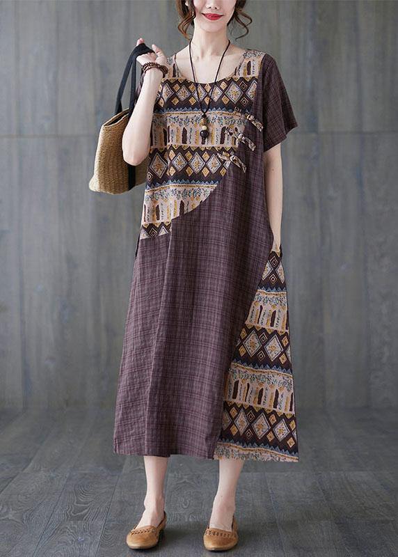 Women Chocolate Patchwork Print Oriental Party Summer Cotton Dress