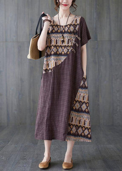 Women Chocolate Patchwork Print Oriental Party Summer Cotton Dress