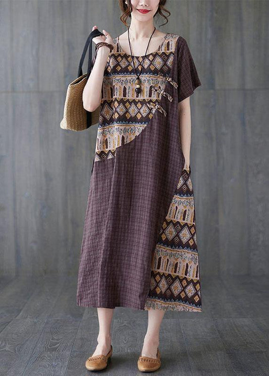 Women Chocolate Patchwork Print Oriental Party Summer Cotton Dress