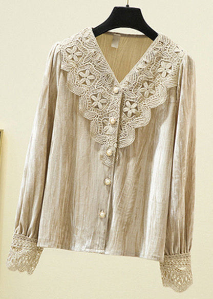 DIY Coffee V Neck Lace Patchwork Silk Velour Shirt Long Sleeve