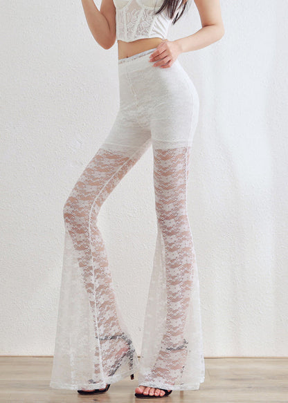 White Elastic Waist Lace Flared Trousers Hollow Out