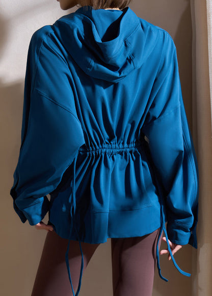 Blue Zippered Drawstring Loose Hooded Yoga Coats