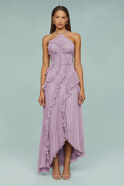 Pleated Frill Halter Neck Midi Dress