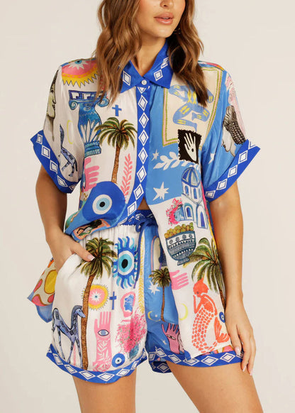 Fashion Blue Peter Pan Collar Print Ice Silk Two Pieces Set Summer