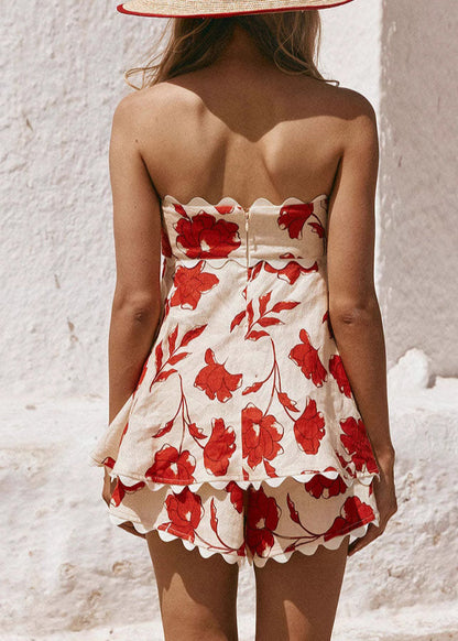Sexy Red Backless Print Cotton Two Pieces Set Summer