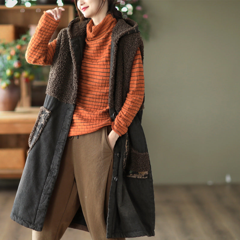 Lamb Wool Panel Denim Mid-Length Vest Jacket