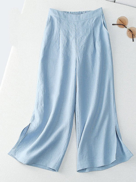 Loosen Hight Waist Solid Cropped Line Pants