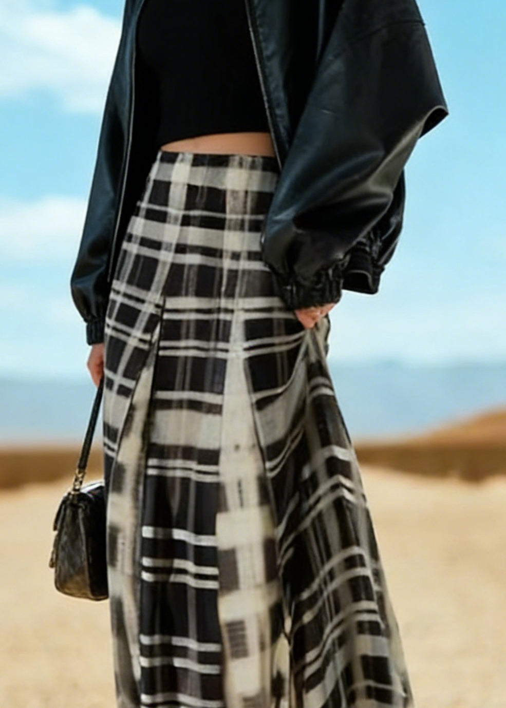 Chic Black White Plaid A Line Skirt Spring
