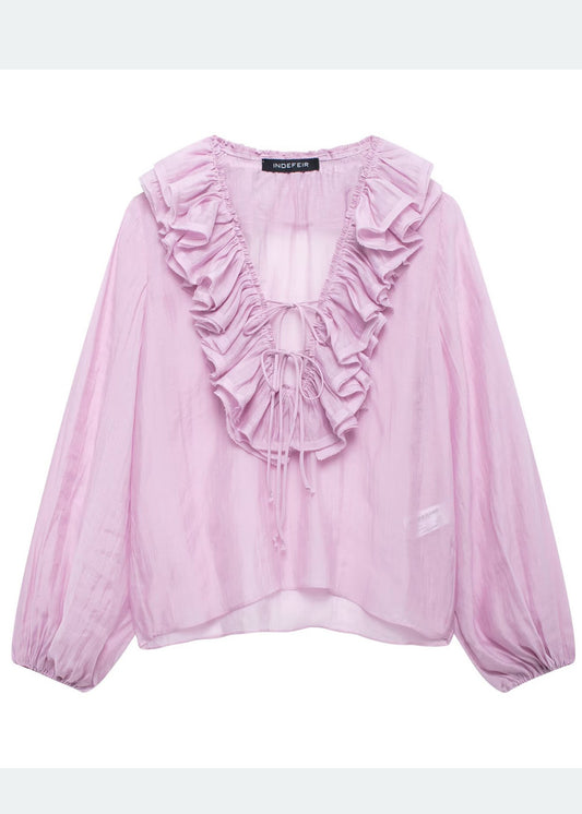 Bohemian Sky Blue Ruffled Cotton Shirt Tops Summer
