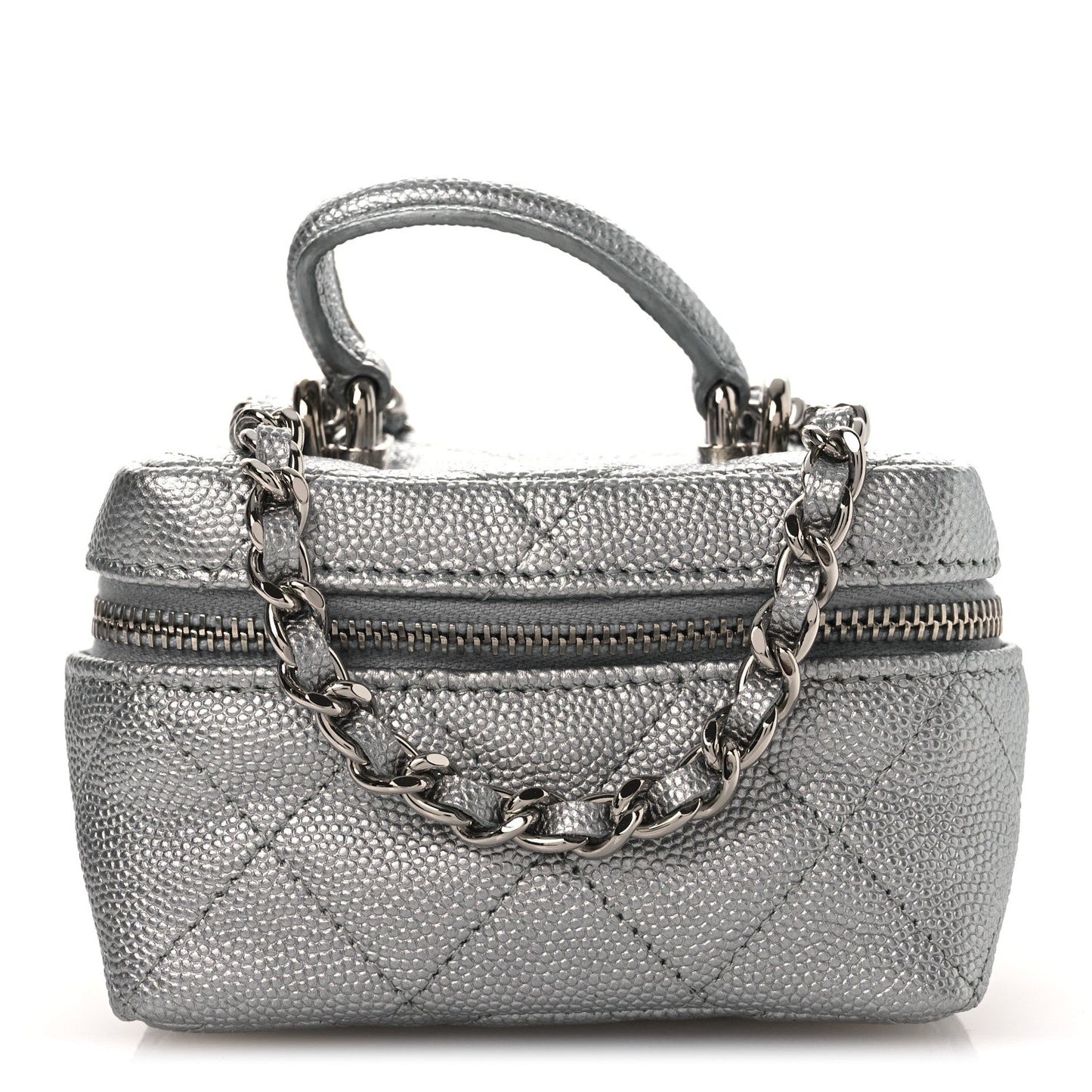 Metallic Caviar Quilted Mini Top Handle Vanity With Chain Silver