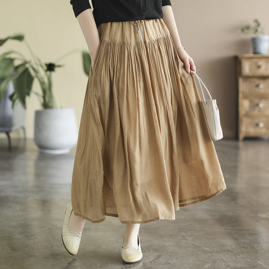 Cozy Solid Cotton LInen Retro A-Line Pleated Skirts