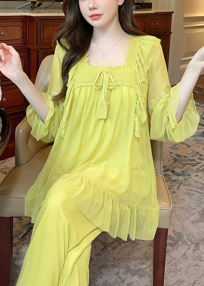 Elegant Green Square Collar Lace Up Tulle Pajamas Two Piece Suit Set Butterfly Sleeve