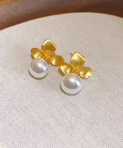 French Gold Copper Overgild Floral Pearl Drop Earrings