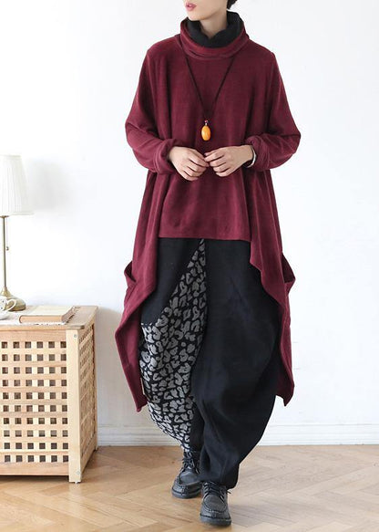 high neck red knit sweat tops plus size clothing asymmetric hem knit blouse