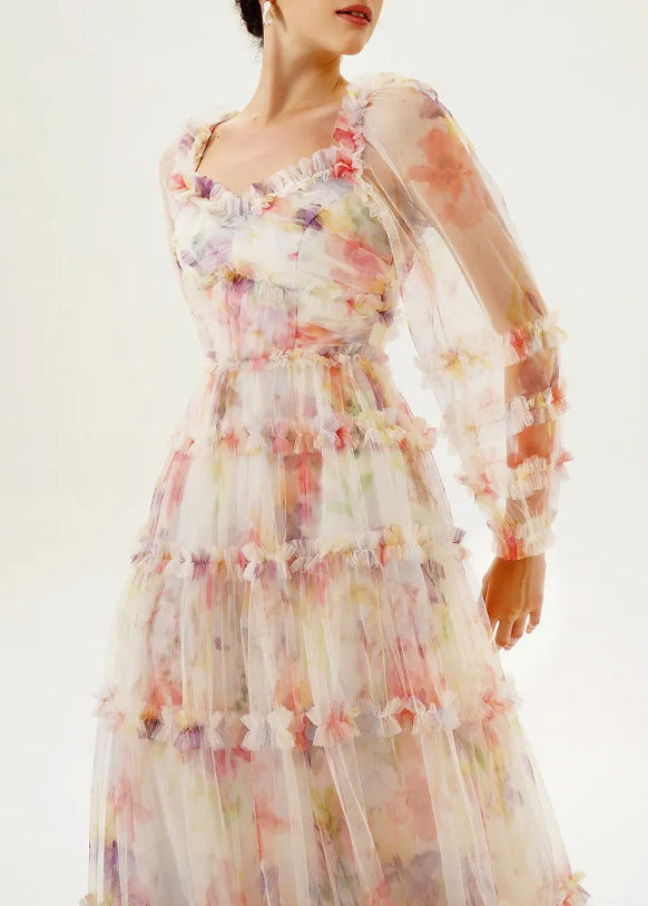 Women U Neck Ruffled Patchwork Tulle Long Dress Summer