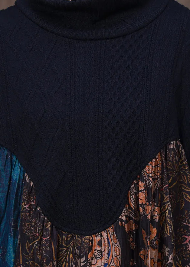 Casual Blue Patchwork Coffee Turtleneck Print Silk Maxi Dress Long Sleeve