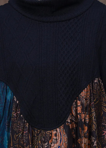 Casual Blue Patchwork Coffee Turtleneck Print Silk Maxi Dress Long Sleeve