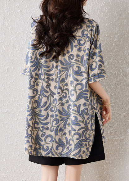 Casual Khaki Oversized Print Cotton Blouses Summer