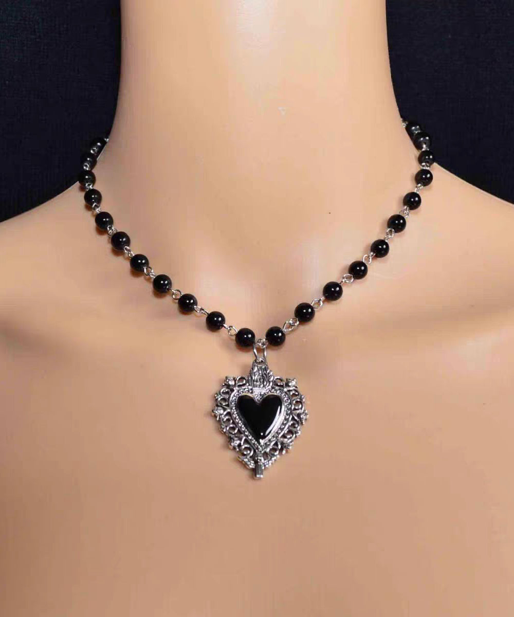 Gothic Black Agate Peach Heart Pendant Necklace