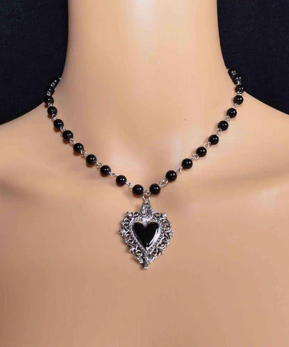 Gothic Black Agate Peach Heart Pendant Necklace