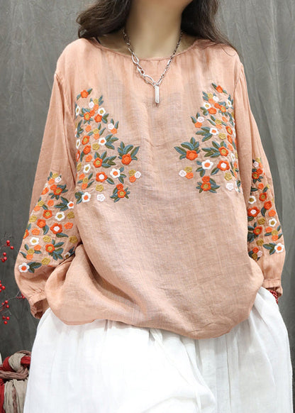 Women Beige O-Neck Embroidered Linen Shirt Top Fall