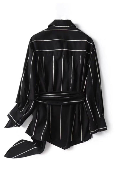 Chic Black Peter Pan Collar Striped Lace Up Linen Tops Fall