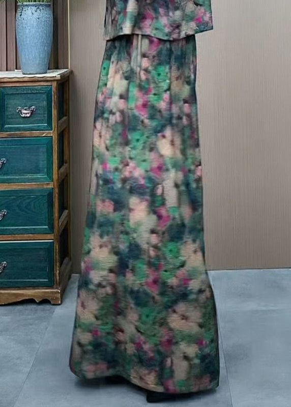 Plus Size Green Elastic Waist Print Ice Silk Wide Leg Pants