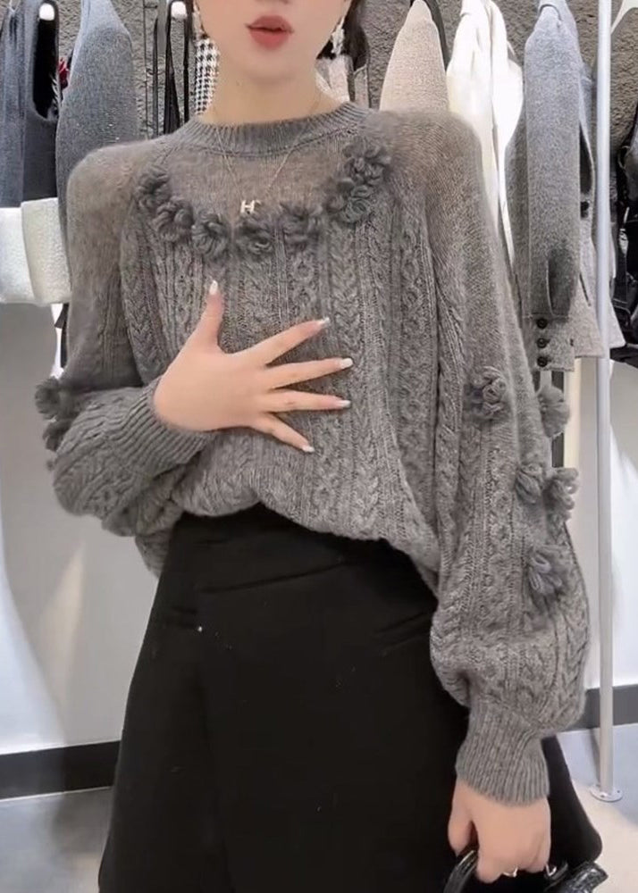 French Grey O Neck Floral Knit Sweaters Fall