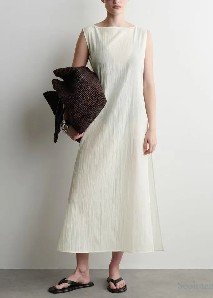 Chic White Backless Side Open Cotton Robe Dresses Sleeveless
