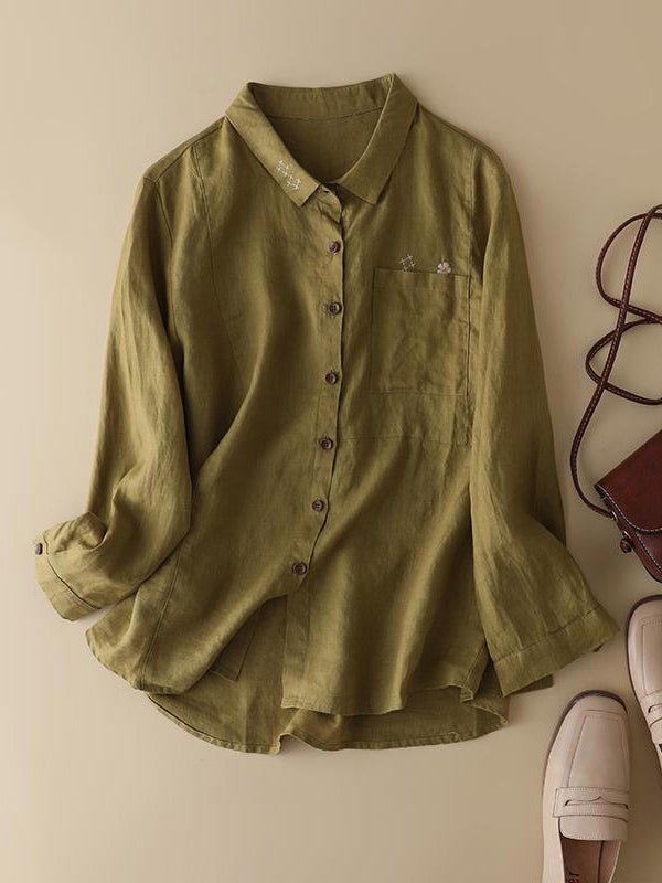 100% Linen Print Lapel Casual Shirt In One-Size In Solid Color