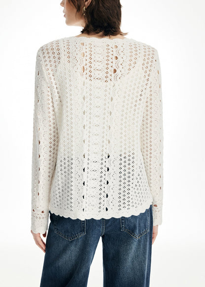 Elegant Beige O Neck Hollow Out Knit Cardigan Fall