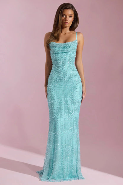 Embellished Cowl-Neck Backless Maxi Dress In Aqua Blue