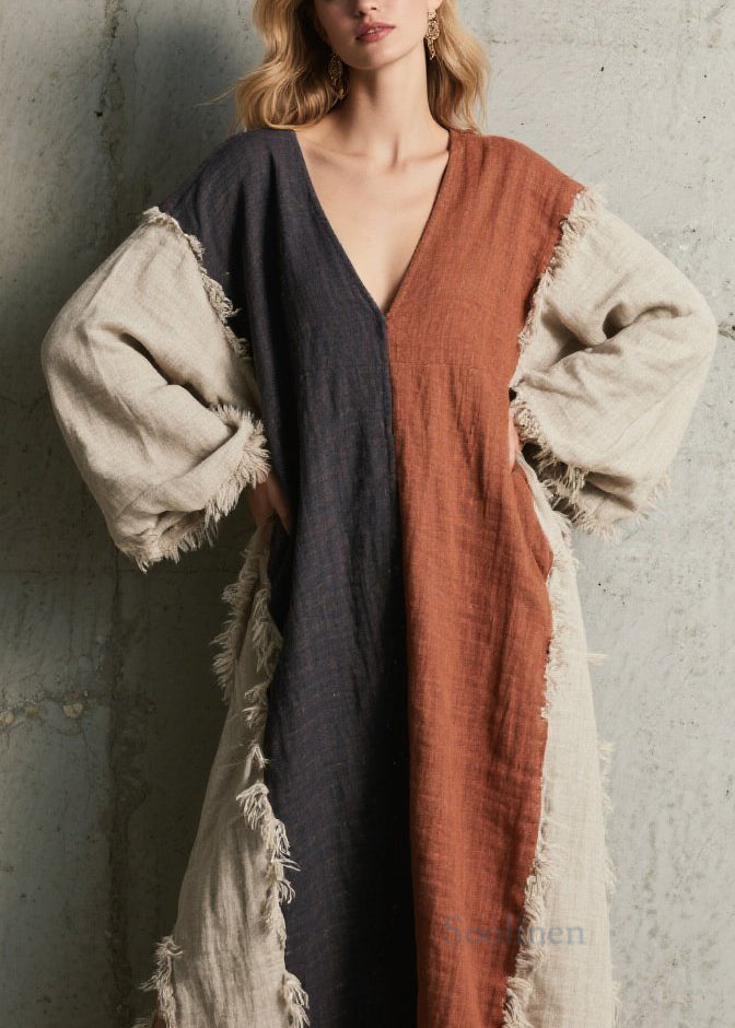 Plus Size Colorblock V Neck Tassel Patchwork Cotton Dress Fall