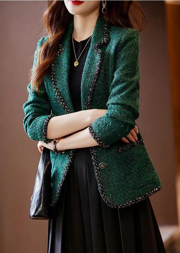 Vintage Peacock Green Patchwork Woolen Coat Spring
