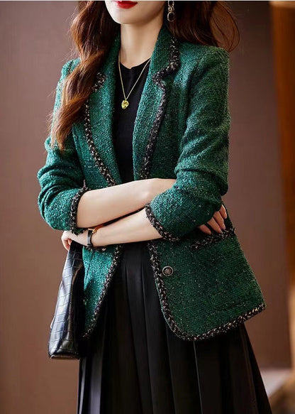 Vintage Peacock Green Patchwork Woolen Coat Spring